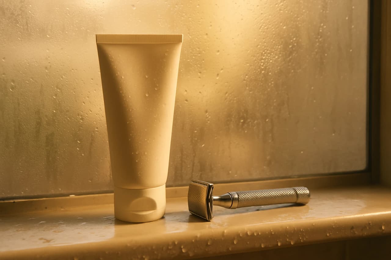 Shave cream tube and razor resting on a wet shower shelf with steam in the background