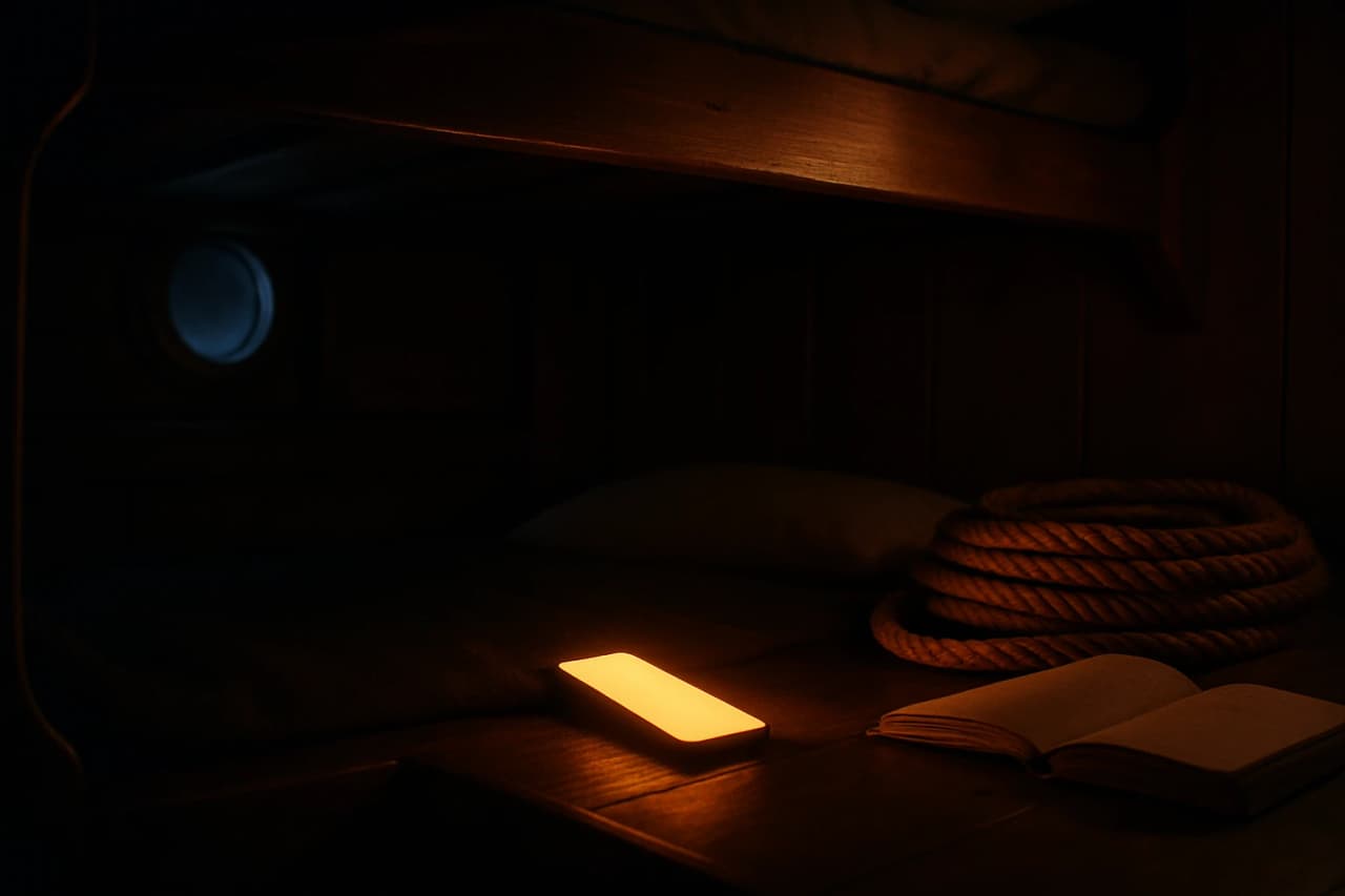 A phone glows on a bunk in a dim ship cabin, a logbook and coiled rope nearby.