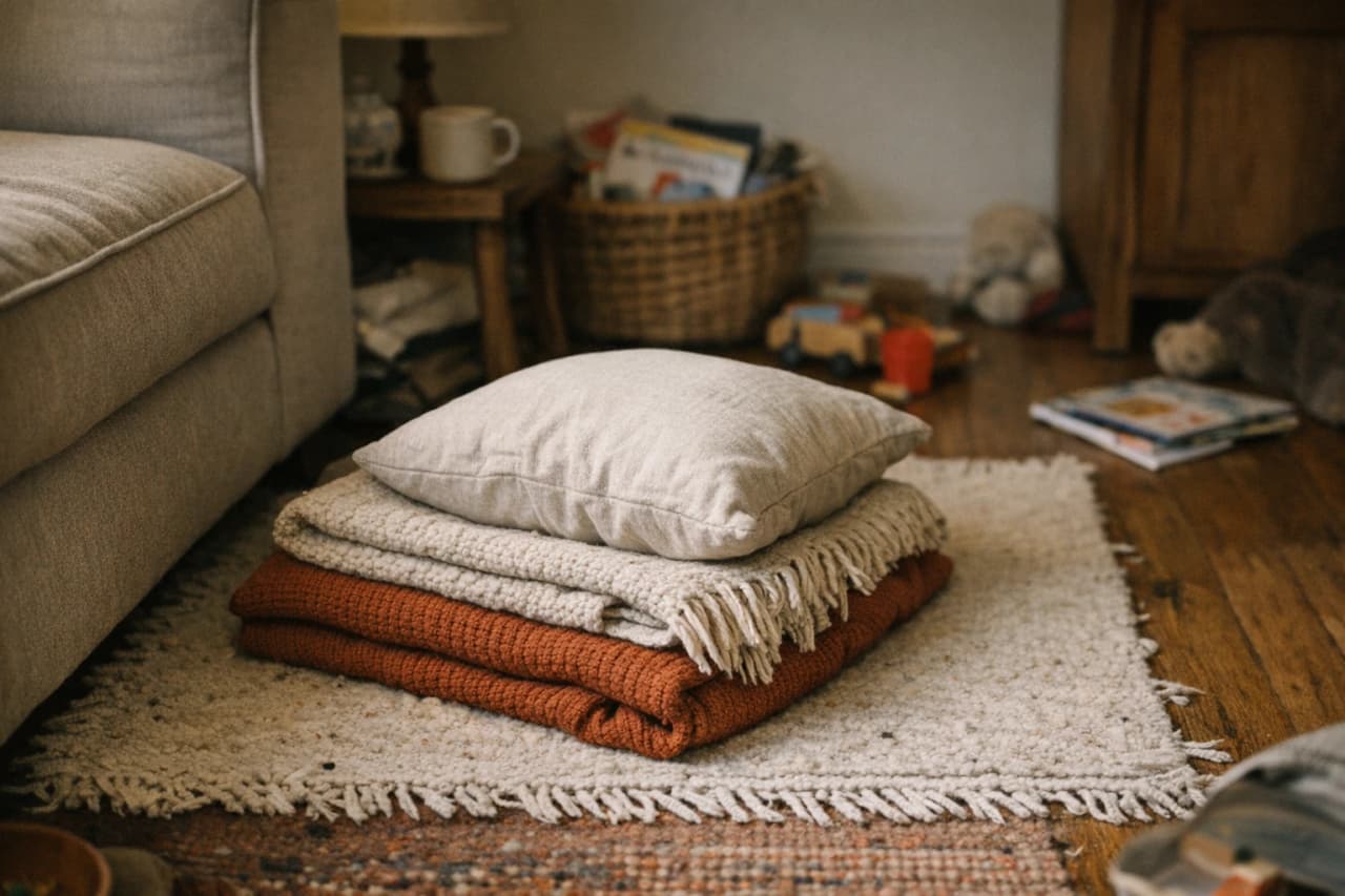 A cozy living room corner with a folded blanket, pillow, and fringed rug near a couch and toys.