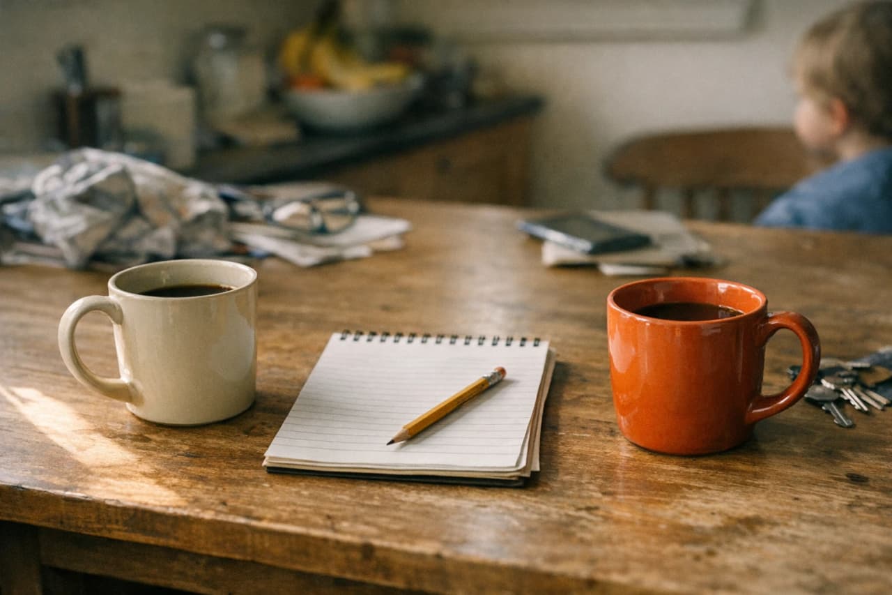 Two coffee mugs flank a lined notepad and pencil on a wooden table, with a child blurred in background.