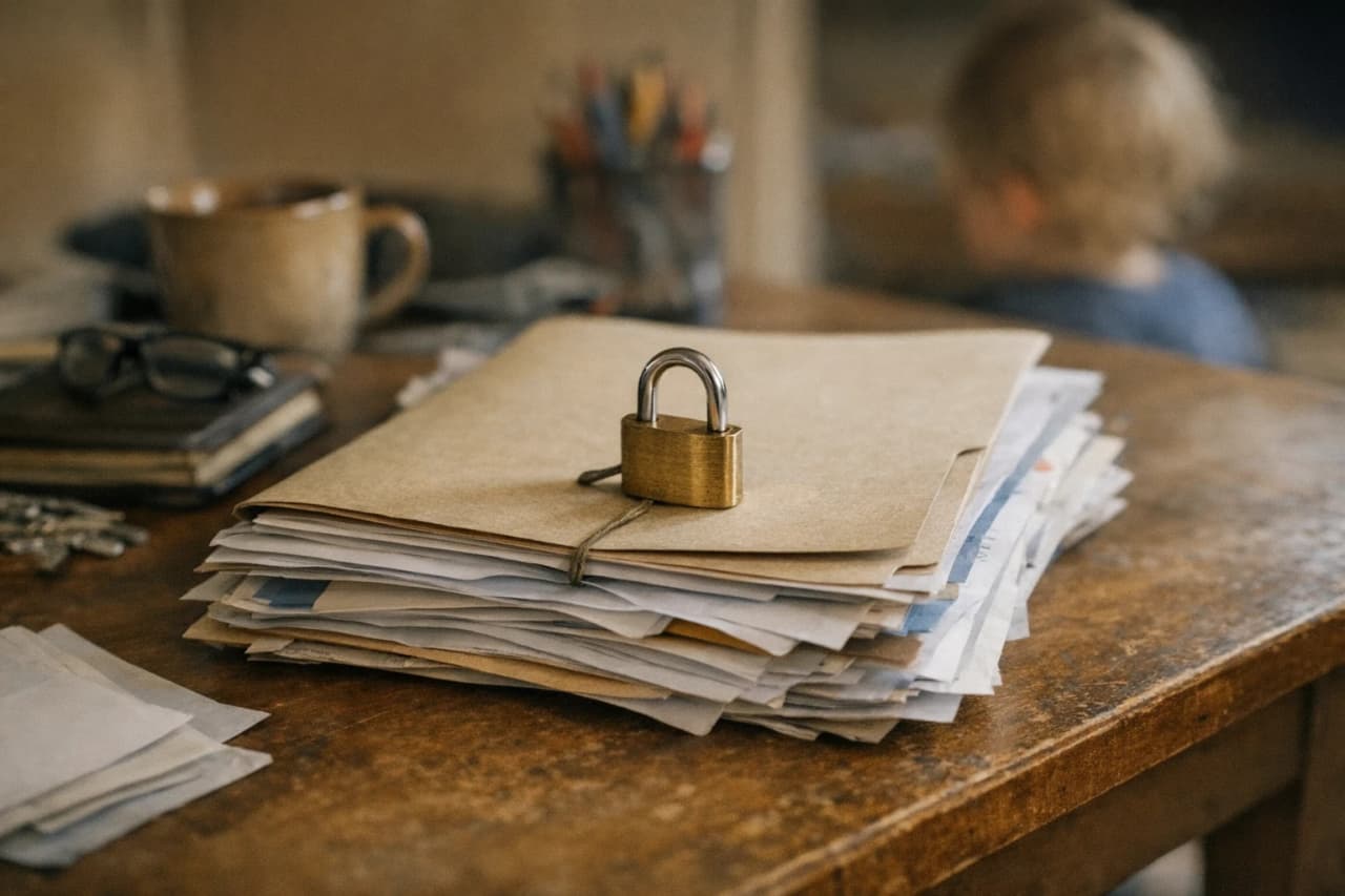 A padlock rests atop a stack of papers and an envelope folder on a wooden desk.