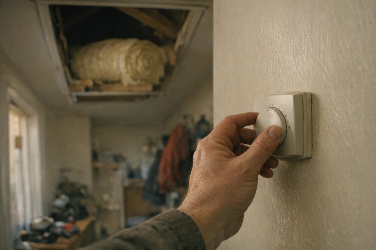 A hand adjusts a wall-mounted thermostat dial near an open ceiling hatch with rolled insulation visible above.