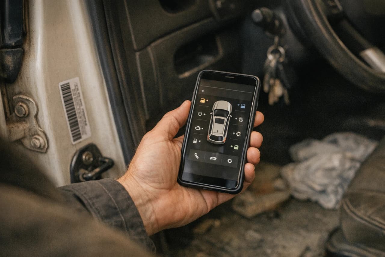 A hand holds a smartphone displaying a car control app inside a vehicle near a VIN sticker.