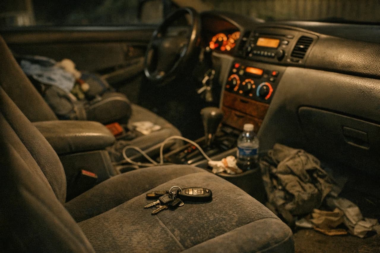 Car keys resting on a seat inside a cluttered car interior with illuminated dashboard controls at night.