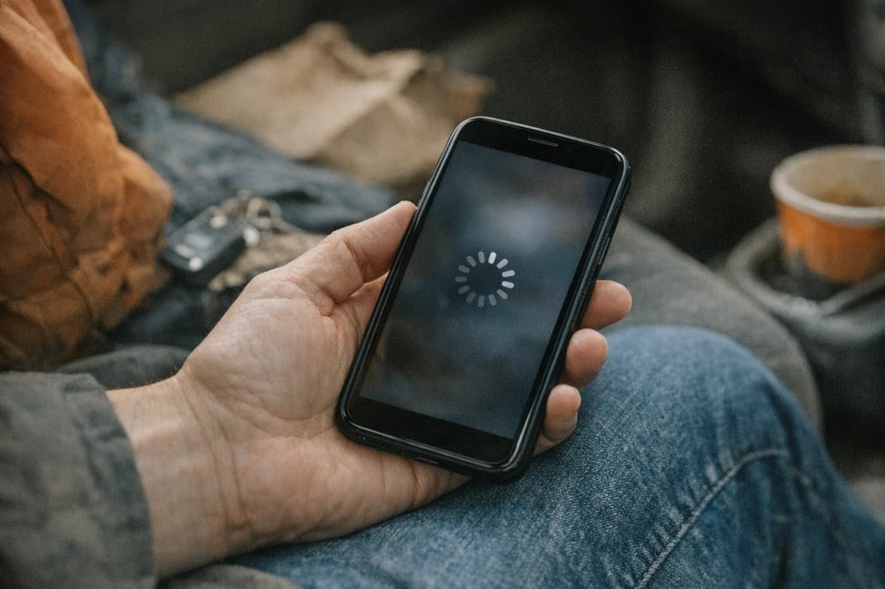 A hand holds a smartphone showing a circular loading icon while resting on denim jeans.