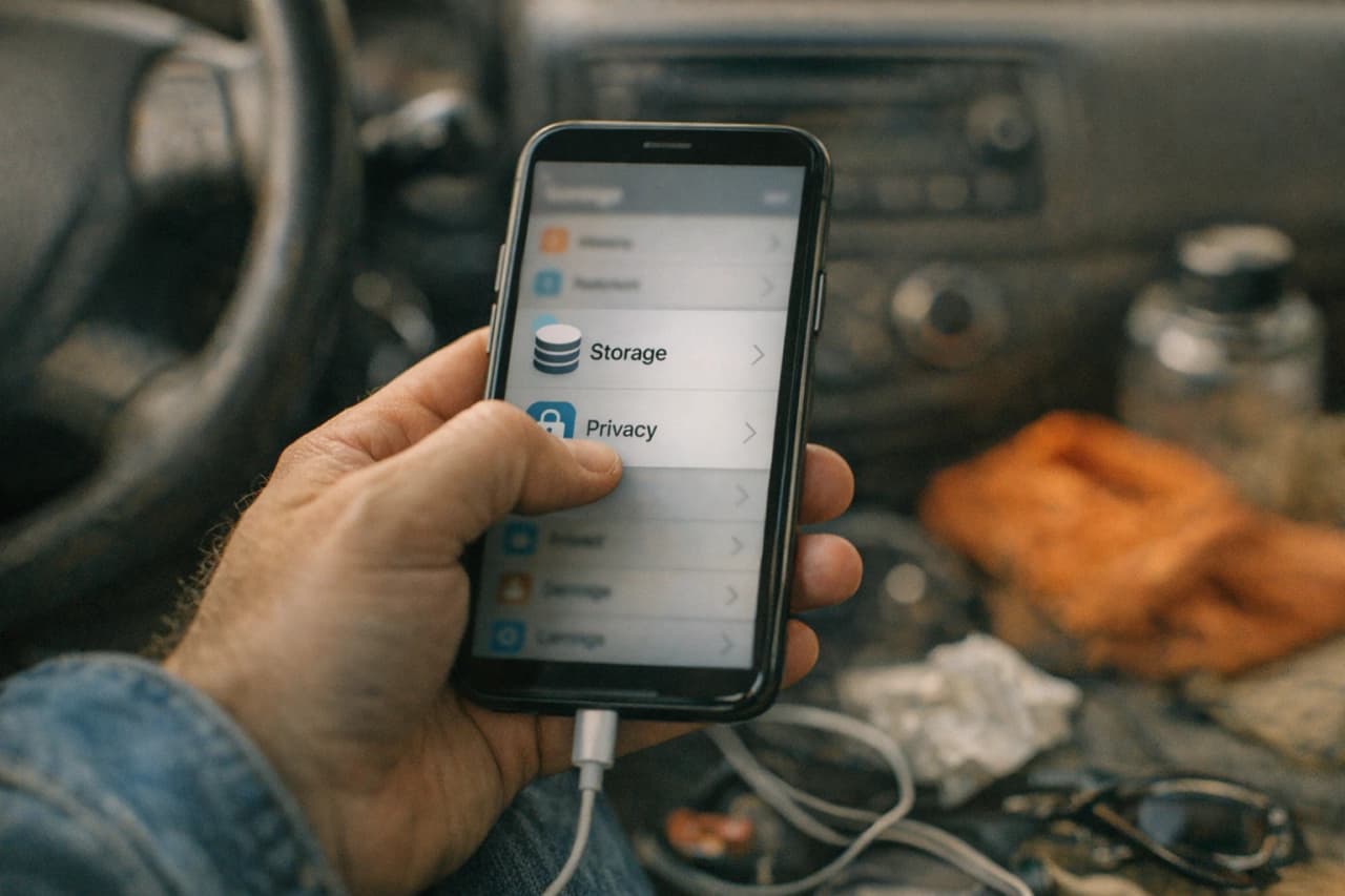 A man's hand holds a smartphone displaying a settings menu with Storage and Privacy options inside a car.